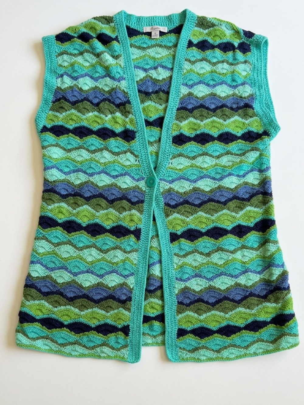 Isaac Mizrahi Live! Crochet Sweater Vest Wave Stripe Teal Green Blue Size L